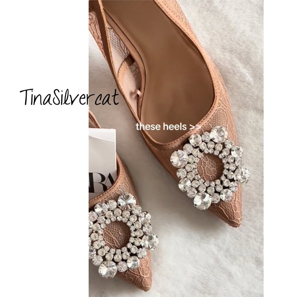 Zara Beige Lace Embellished High Heeled Shoes Sz 10 NWT - Picture 11 of 14